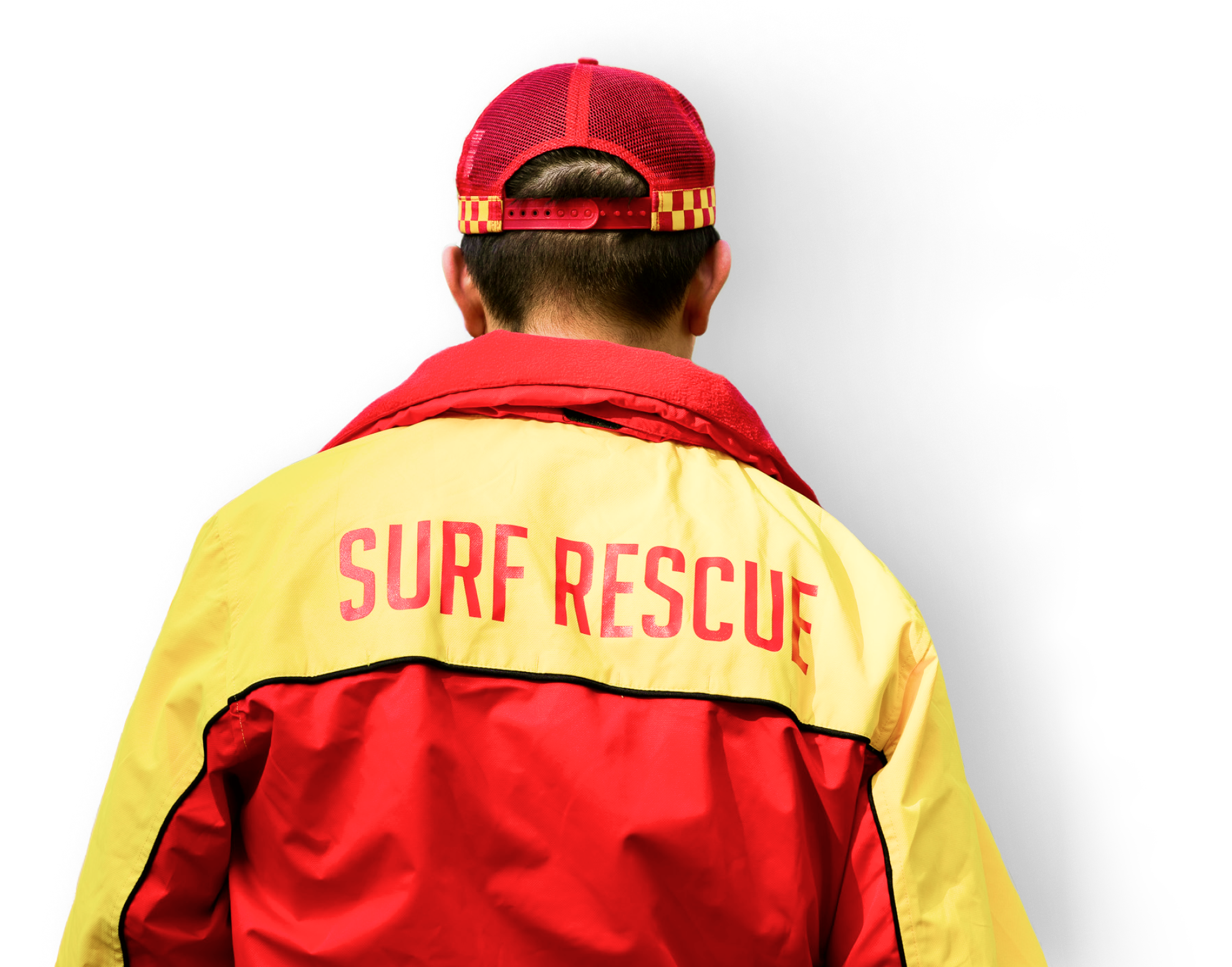 Life guard in red and yellow uniform seen from behind.